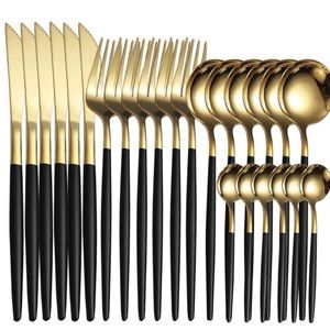 24 Piece Silverware Dinnerware Cutlery Set Black Gold Stainless Steel Elegant